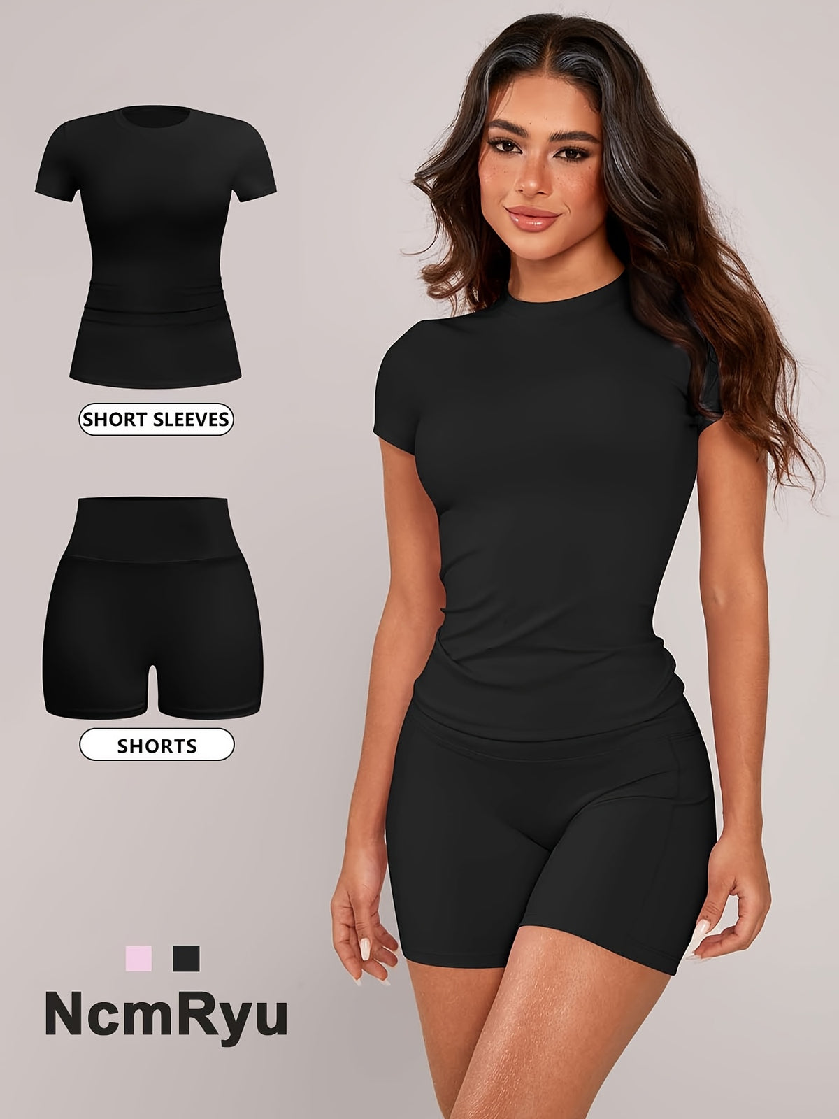 Short Sleeve Crop Tee & Shorts Set - Black