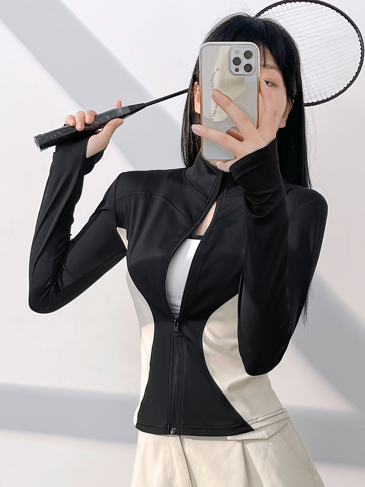 Colour Block Thumbhole Zip Jacket - Black & White