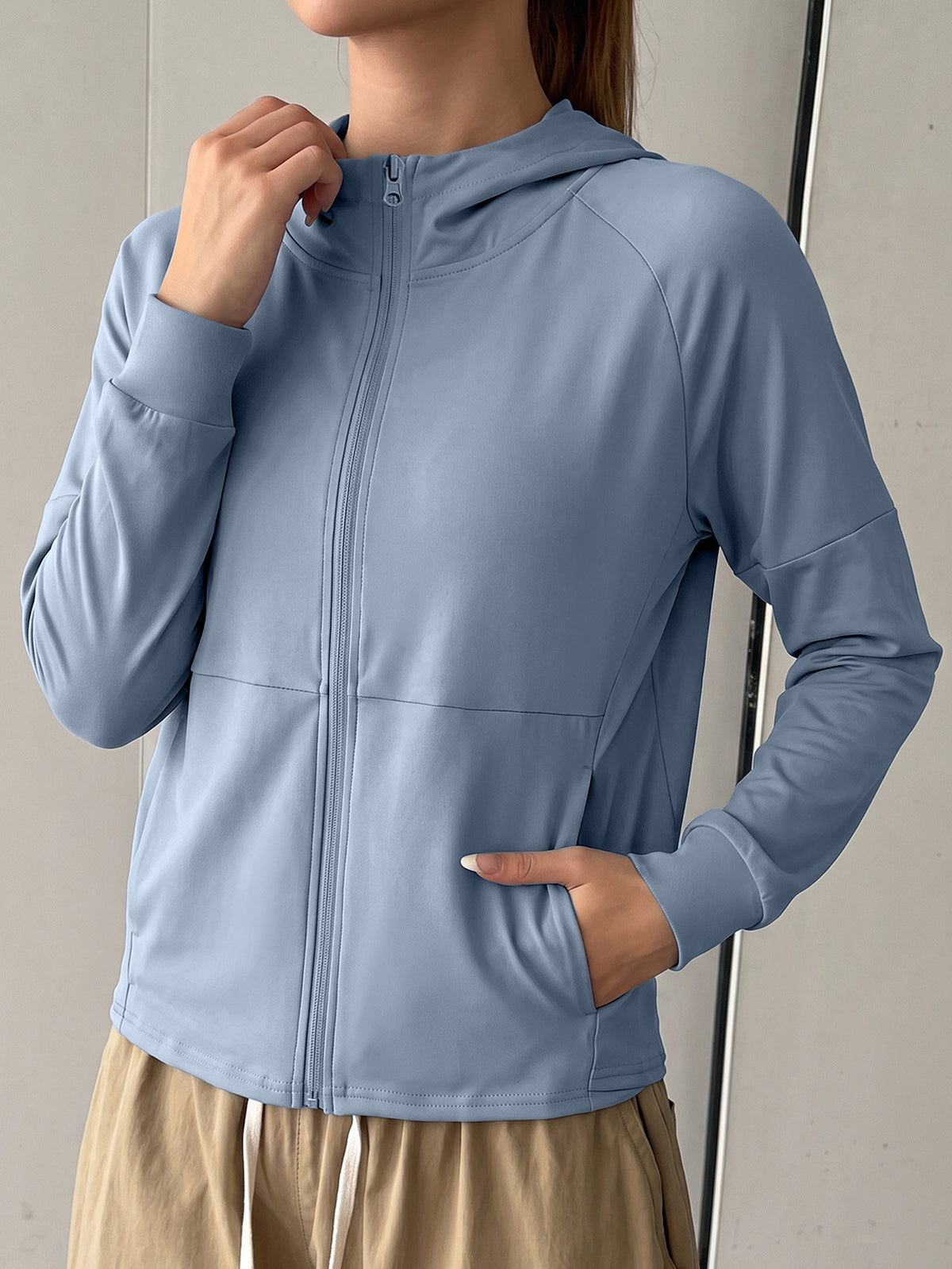 Longline Hooded Thumb Loop Jacket - Lake Blue