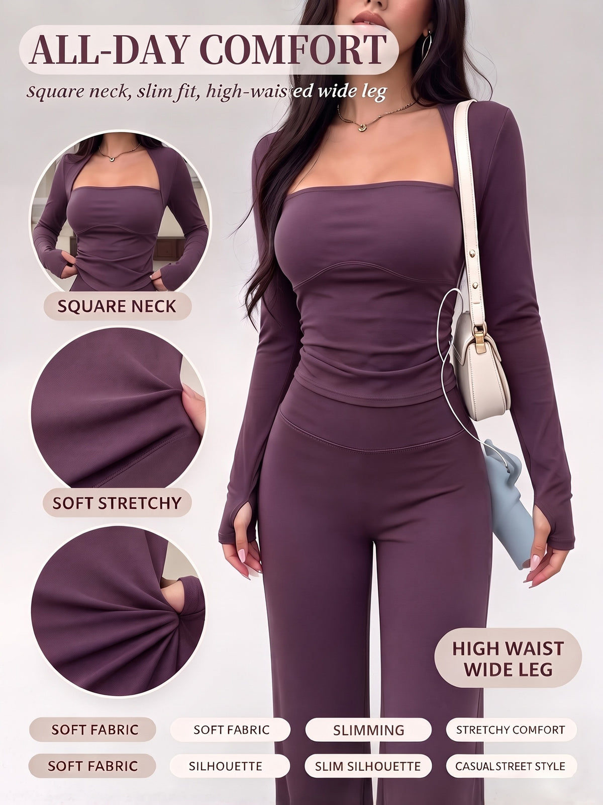 Square Neck Top & Flare Pants Set - Deep Purple