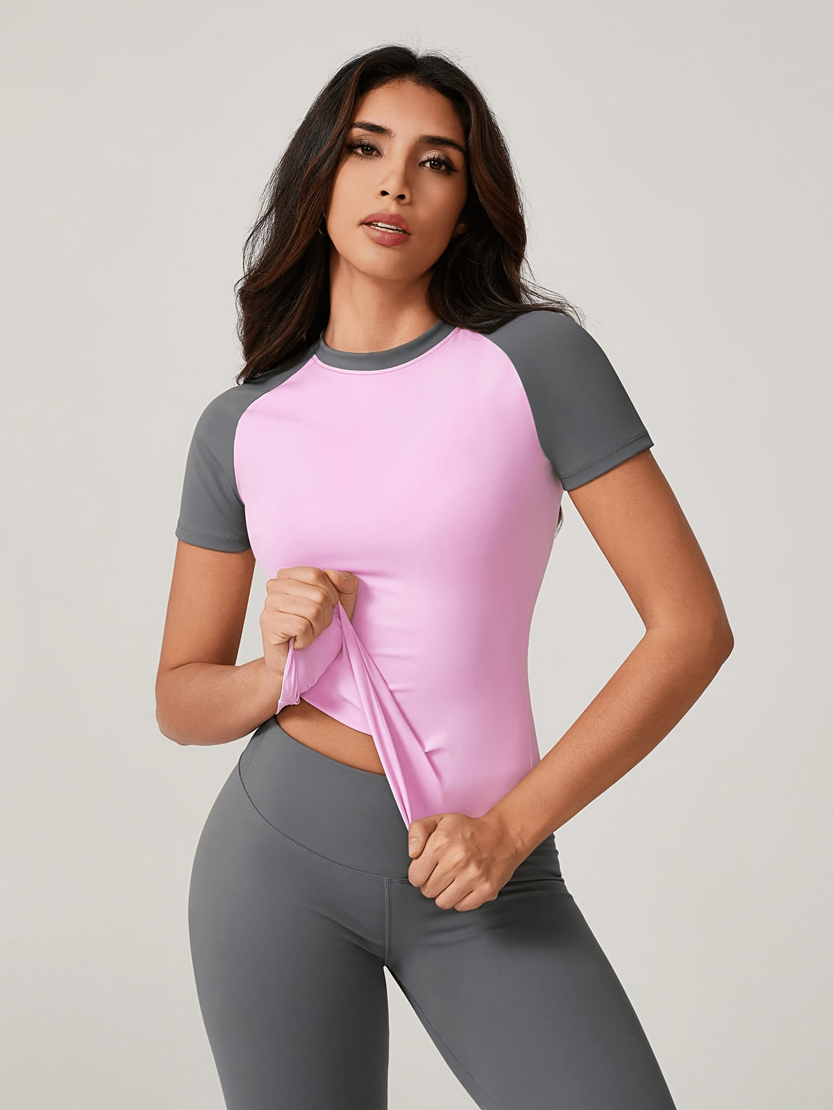 Colour Block Tee & Leggings Set - Pink & Grey