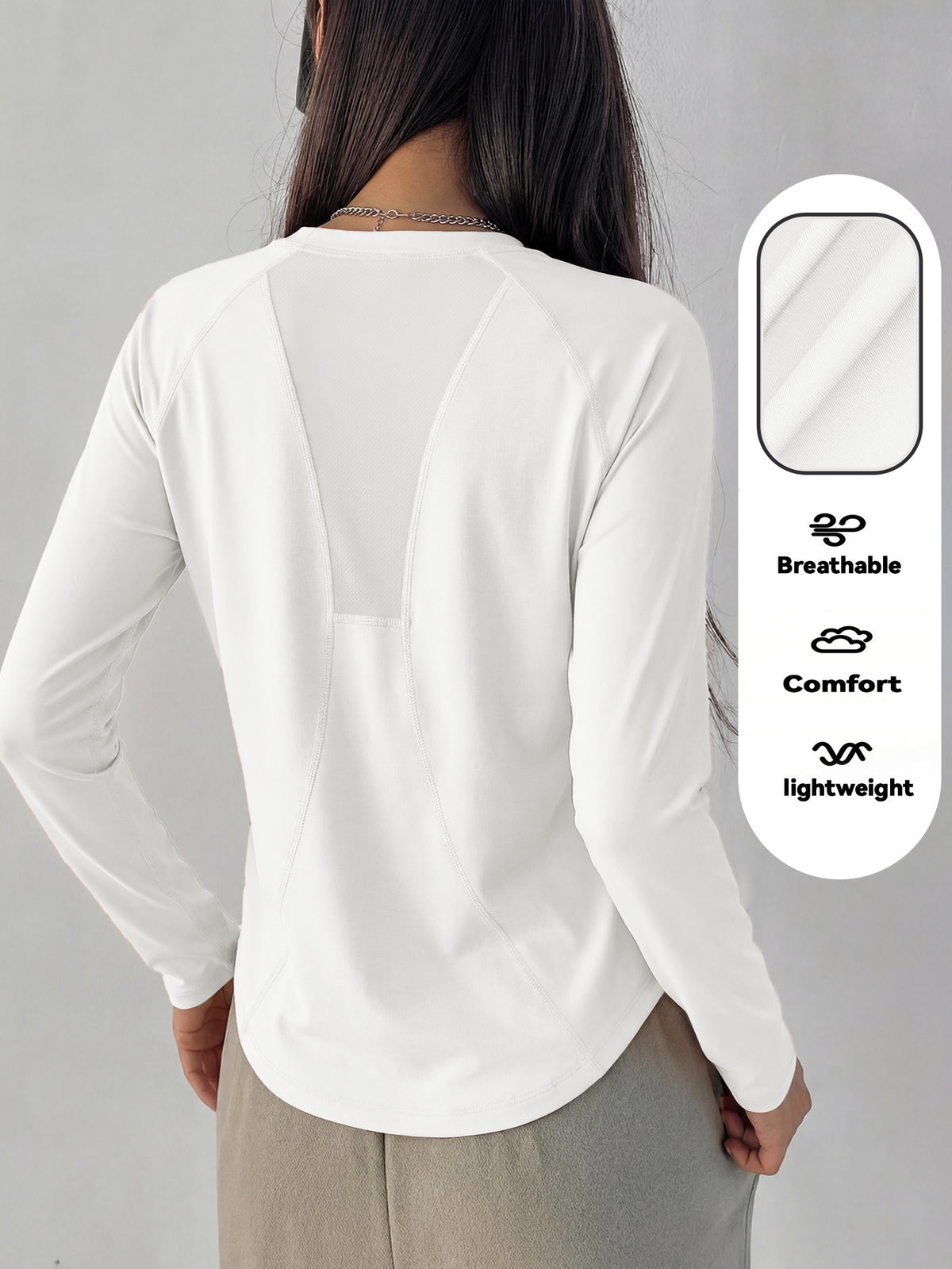 Mesh Back Panel Long Sleeve Top - White