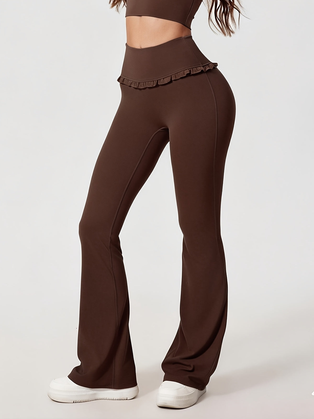 Lace Trim Flare Leggings - Coffee