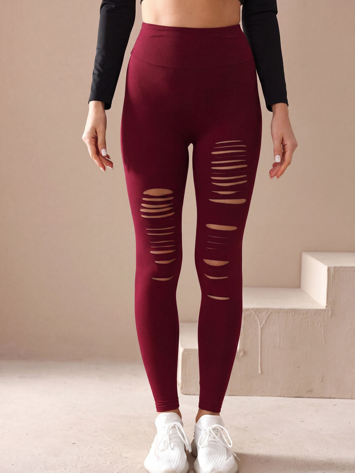High Waist Distressed Yoga Leggings - Burgundy