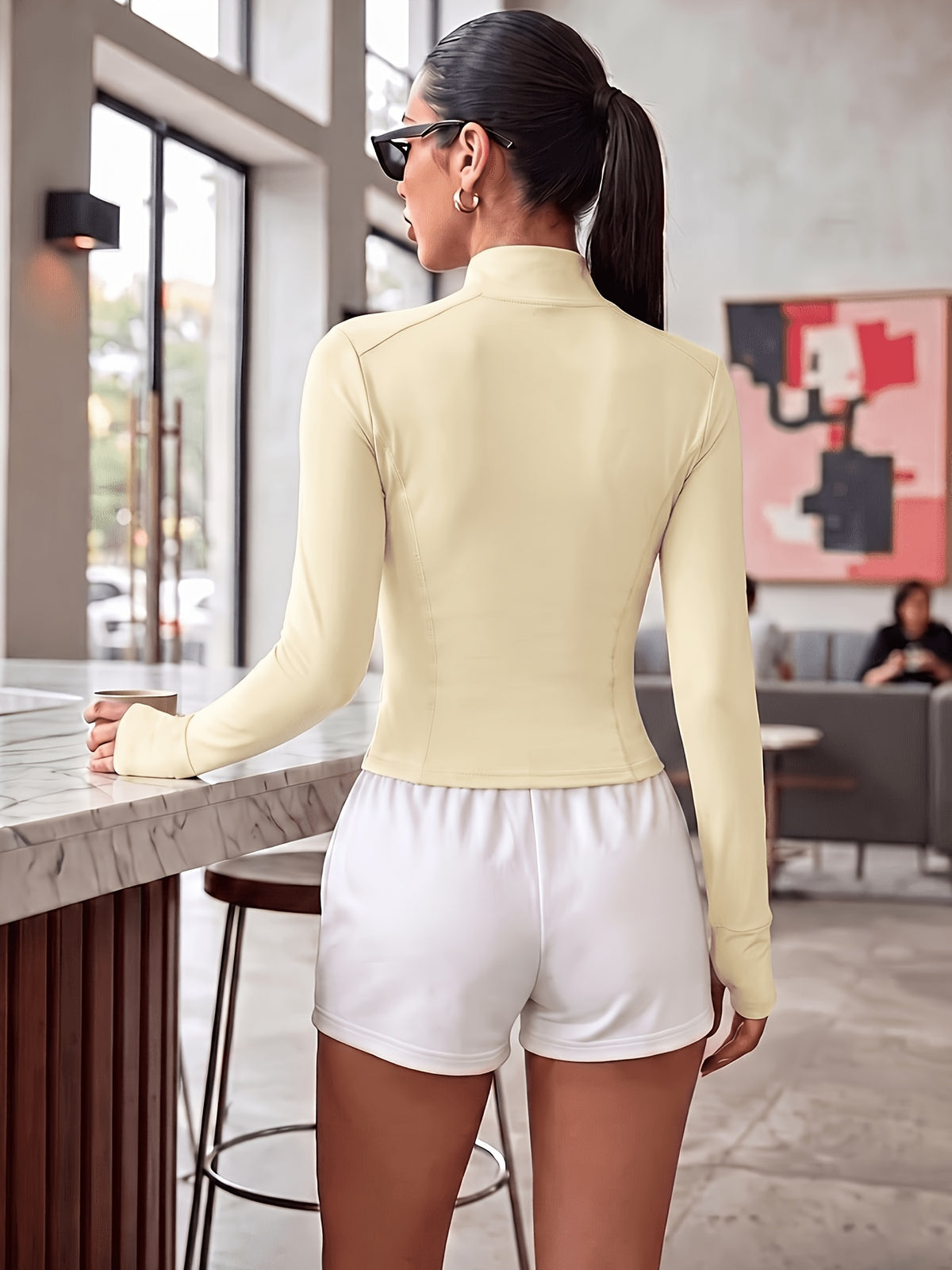 Slim Fit Stand Collar Zip Jacket - Cream
