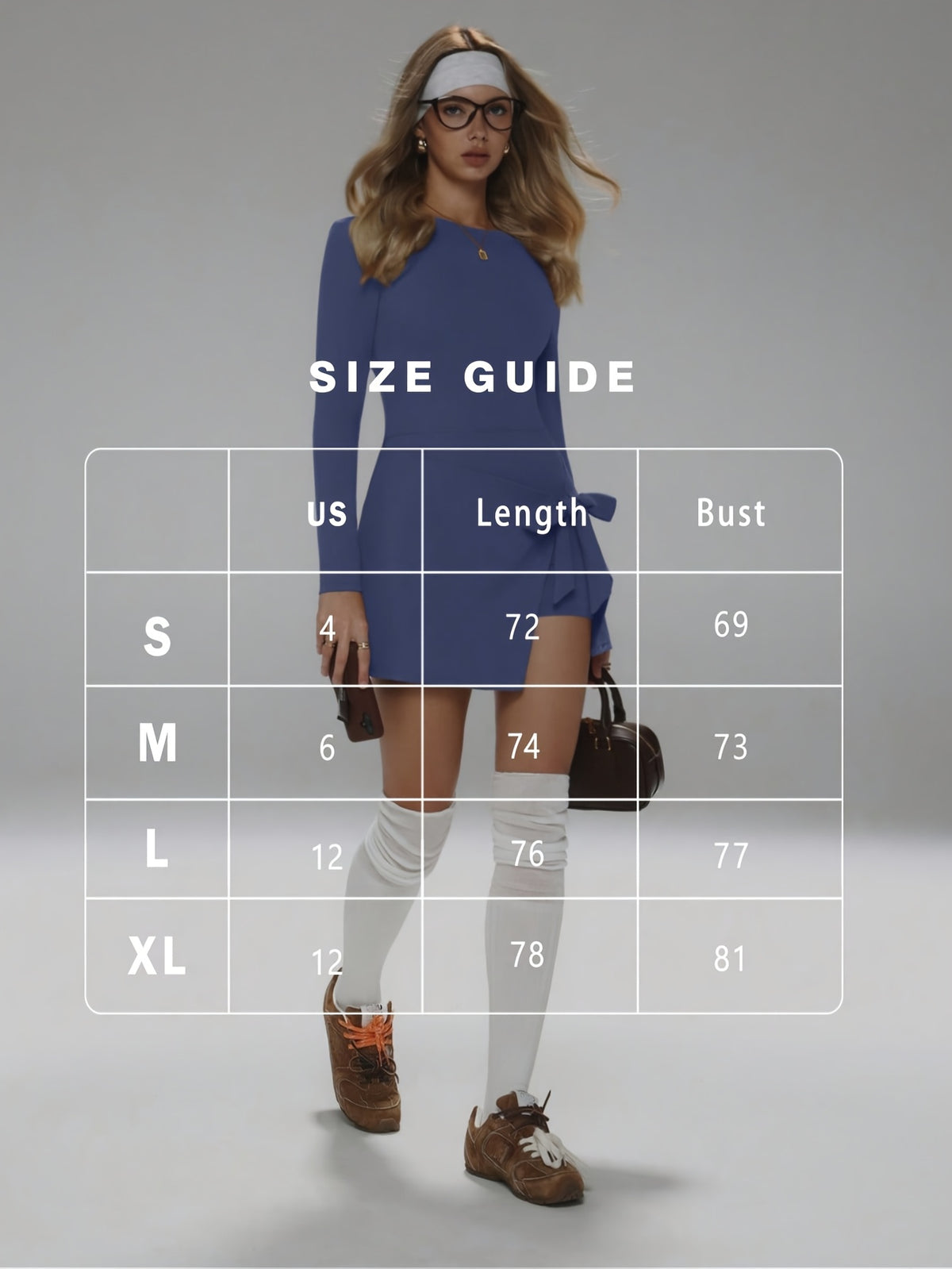 Tie-Front Asymmetric Hem Long Sleeve Dress - Blue