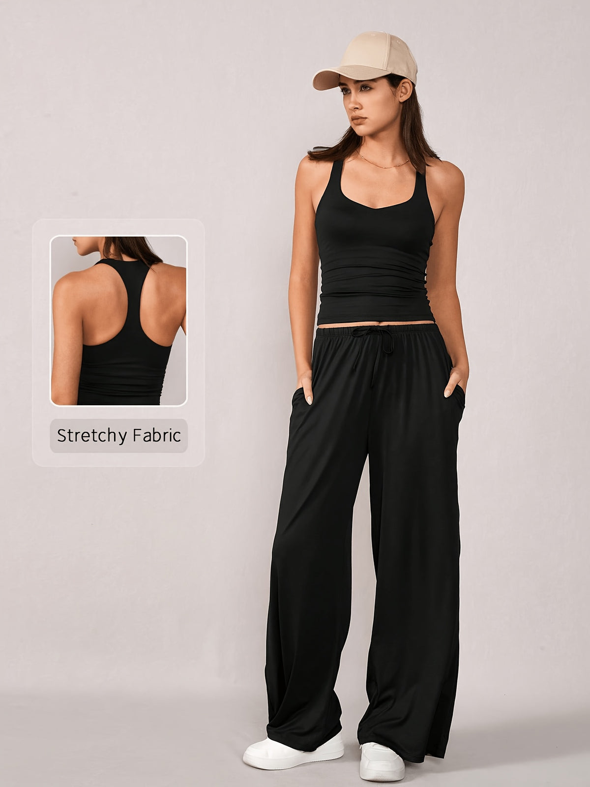 Racerback Tank & Wide Leg Pants Set - Black