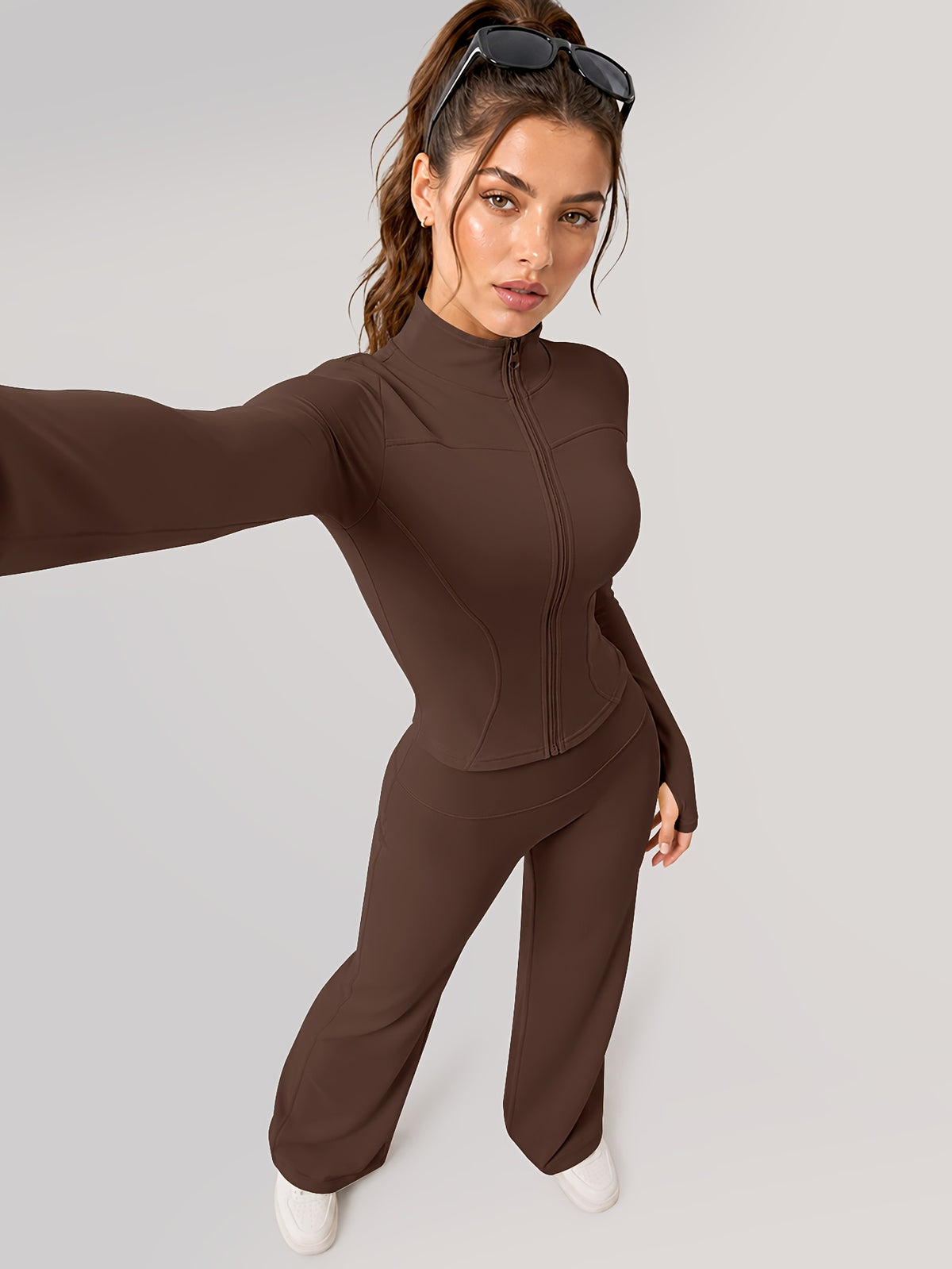 Zip Jacket & Wide Leg Pants Set - Brown