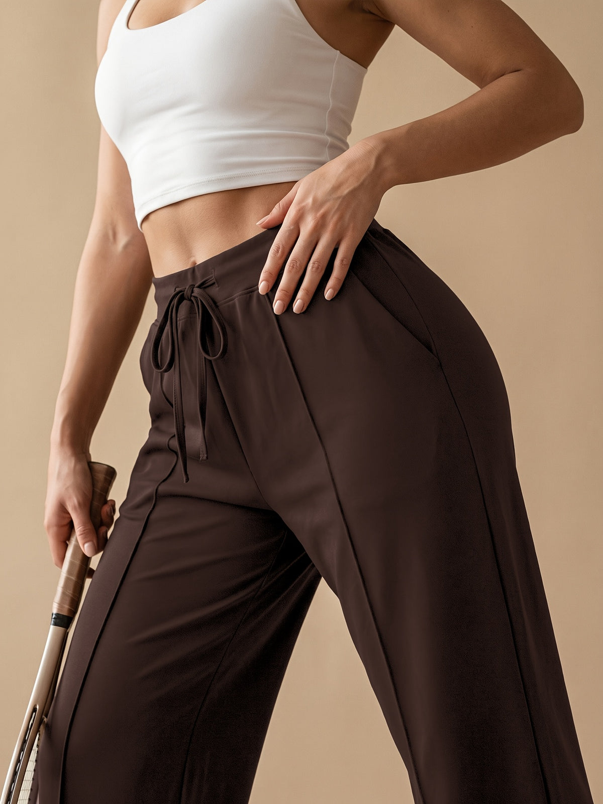 Drawstring Wide Leg Pocket Yoga Pants - Coffee