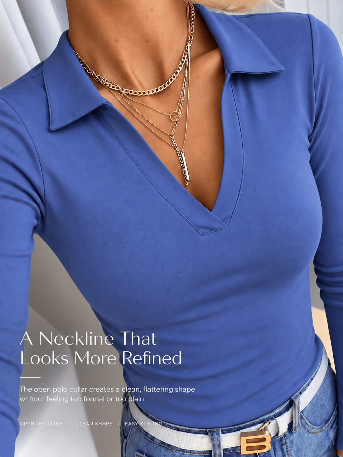 V-Neck Collared Long Sleeve Golf Top - Navy