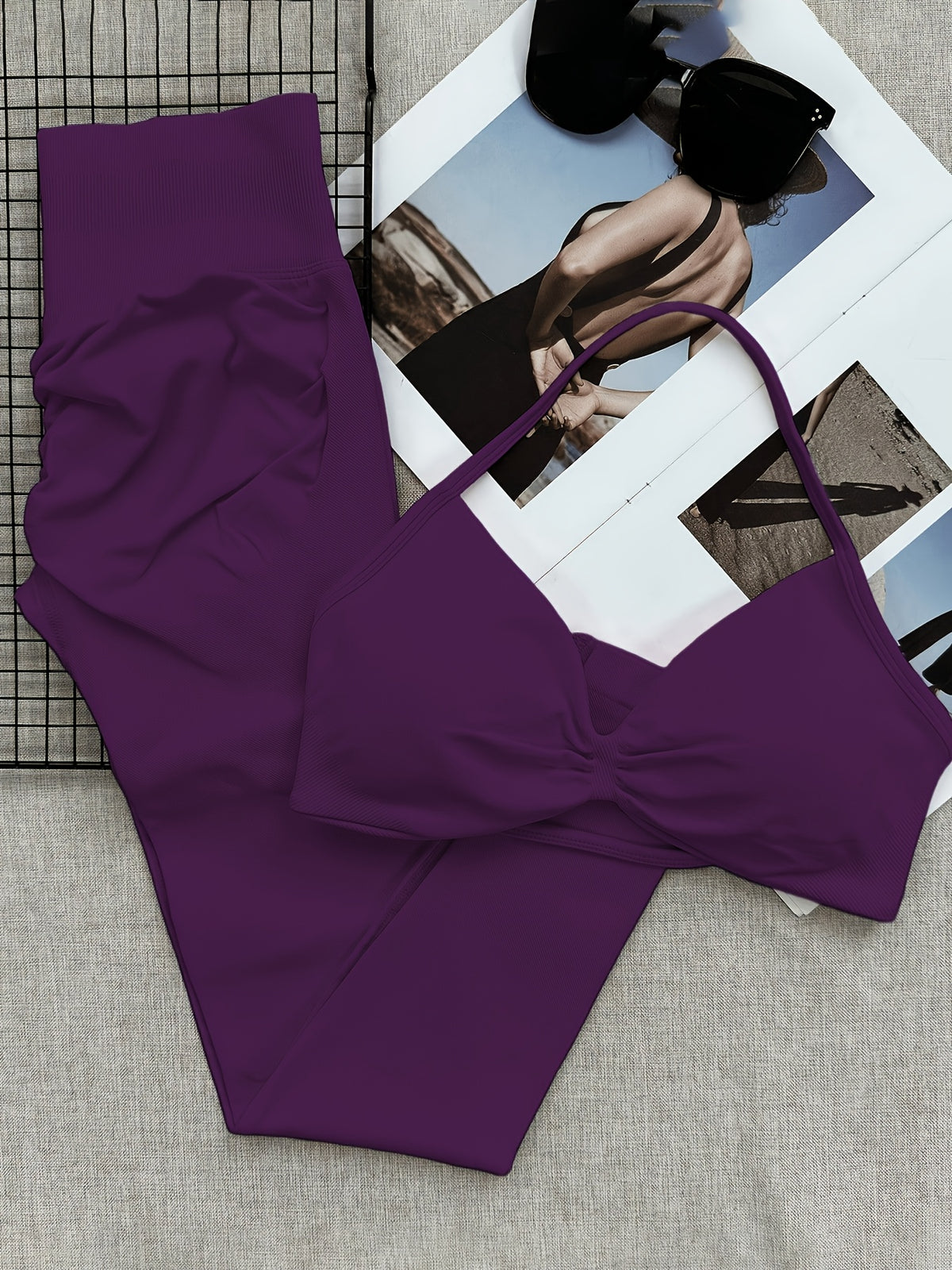 Strappy Bra & Lifted Hip Leggings Set - Deep Purple