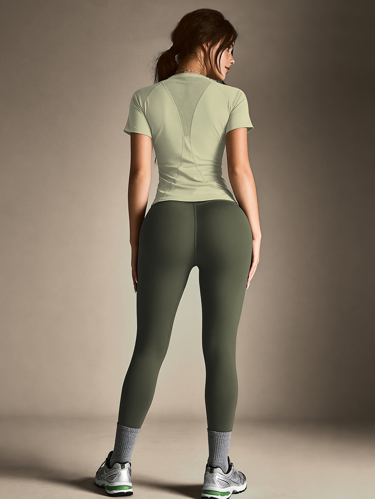 Mesh Cutout Tee & High Waist Leggings Set - Light Green & Olive Green