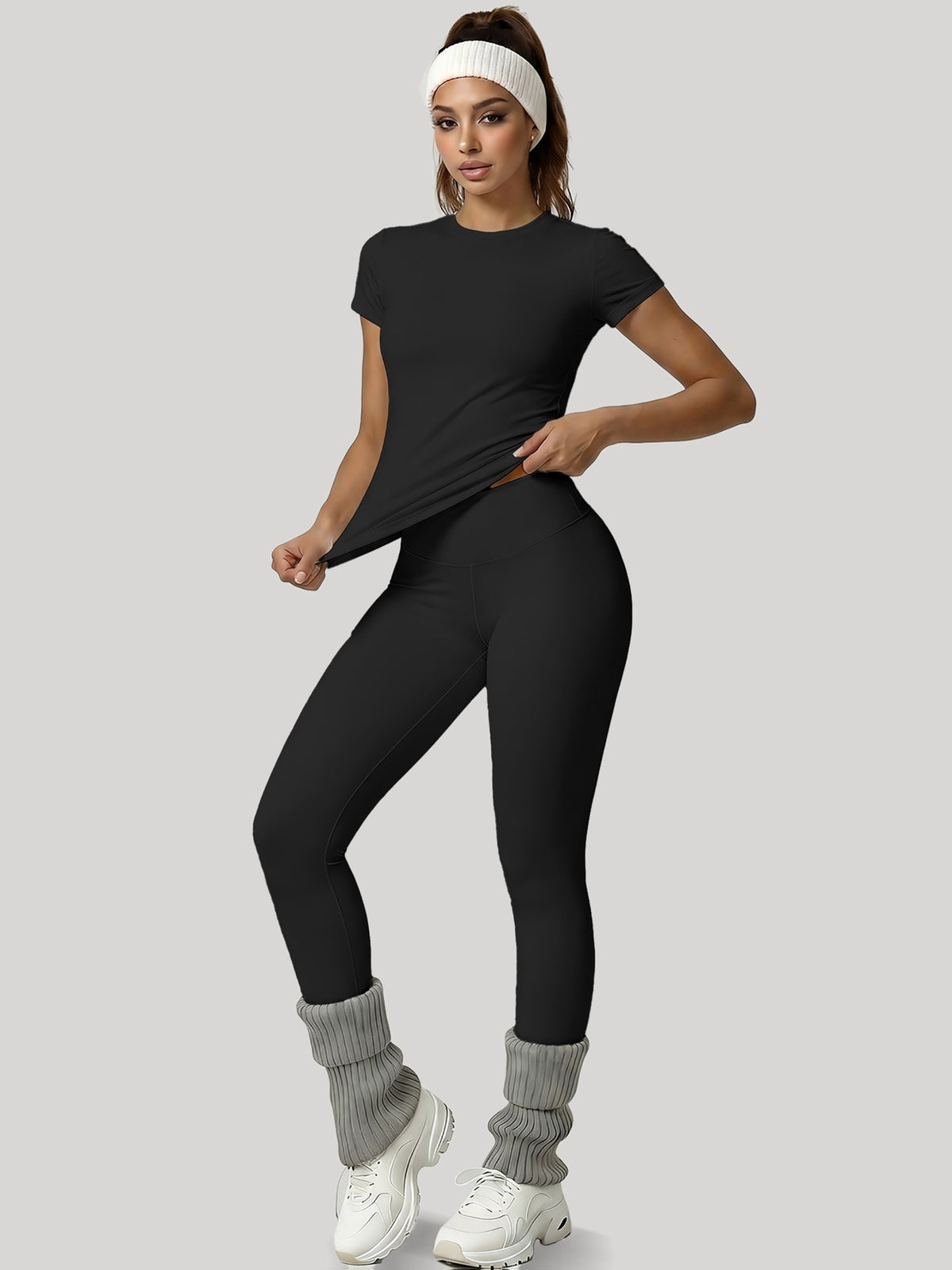 Round Neck Top & Tummy Tuck Leggings Set - Black