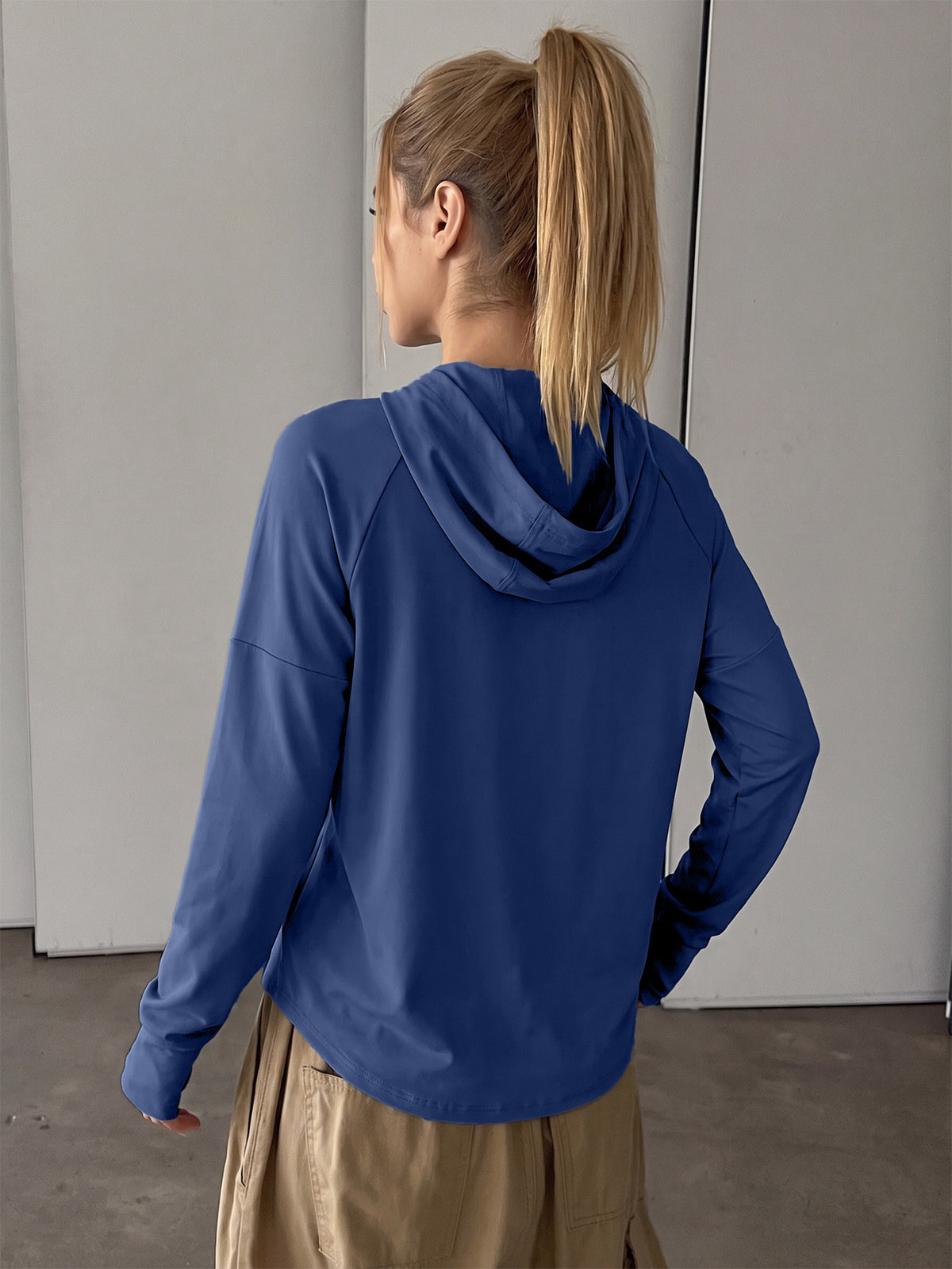 Longline Hooded Thumb Loop Jacket - Navy