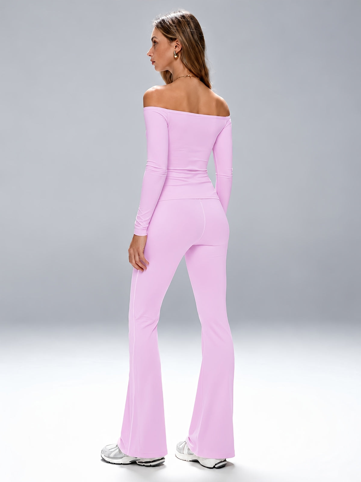 Off-Shoulder Top & Flared Joggers Set - Peach Pink