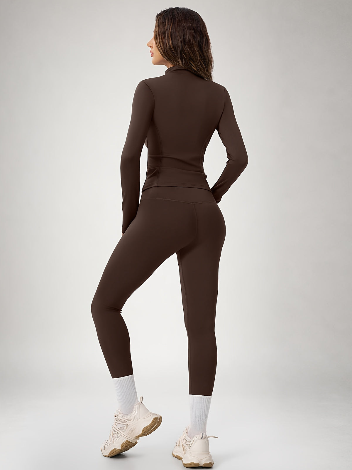 Thumbhole Cropped Zip Jacket & Leggings Set - Espresso