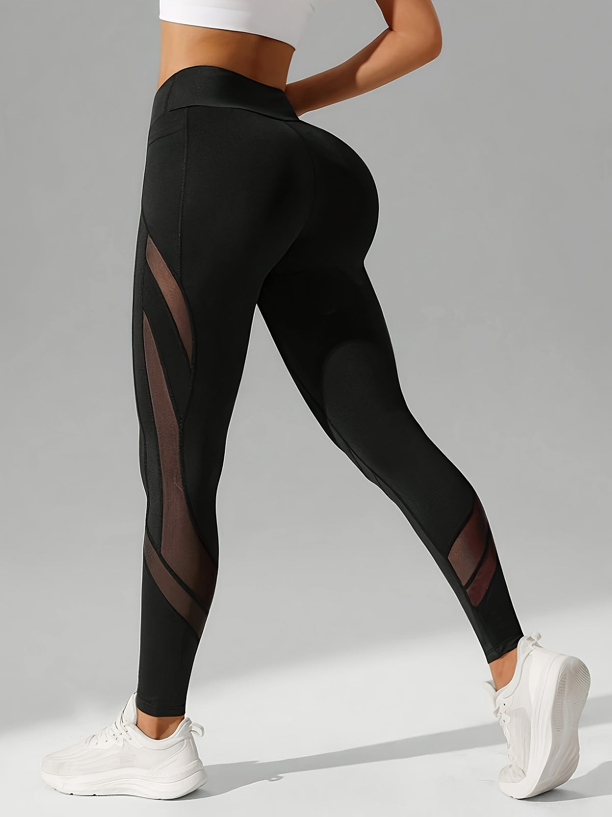 Mesh Panel Side Pocket Leggings - Black