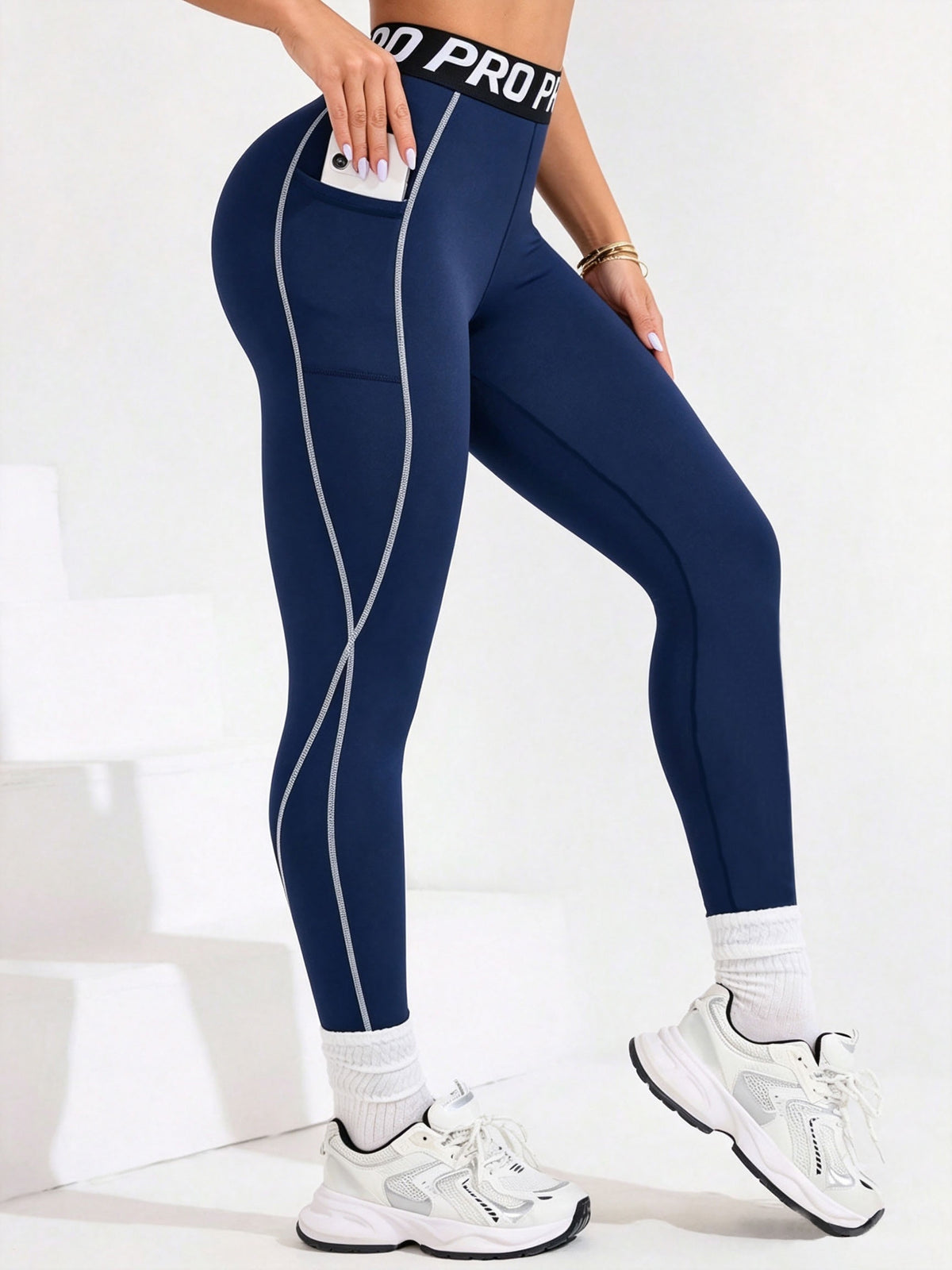 Letter Waistband Double Pocket Leggings - Navy Blue