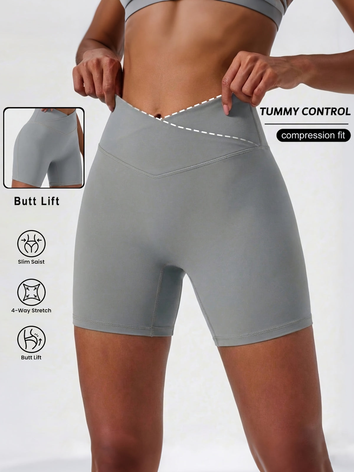V Waist Biker Shorts - Light Grey