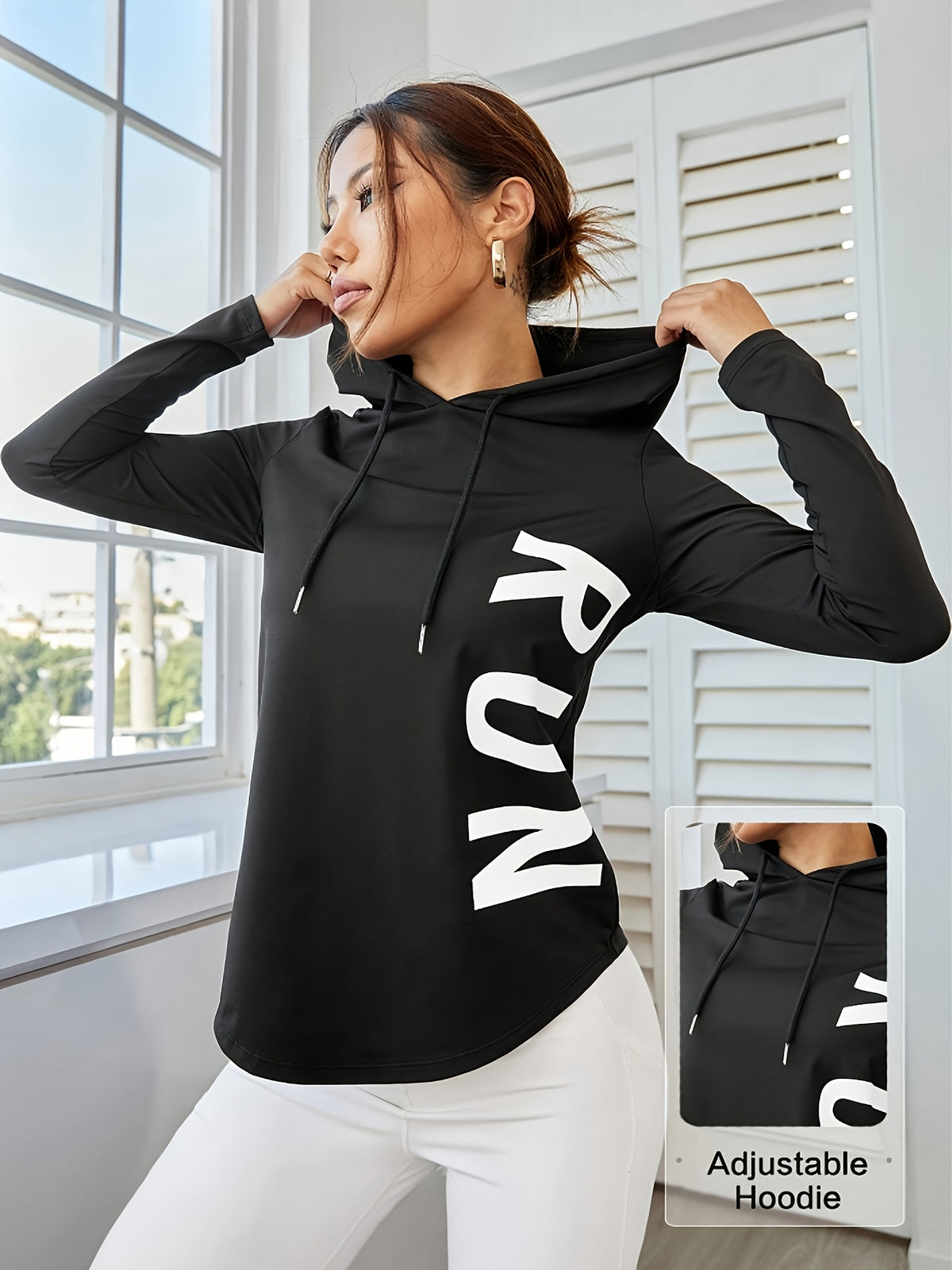 Letter Print Hooded Athletic Top - Black