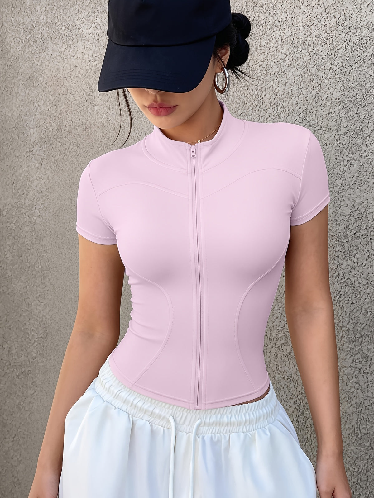 Short Sleeve Zip Cropped Yoga Jacket - Hot Pink