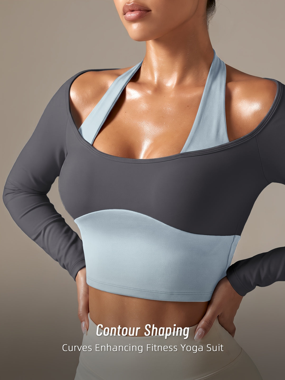 Faux Two-Piece Halter Color Block Top - Grey