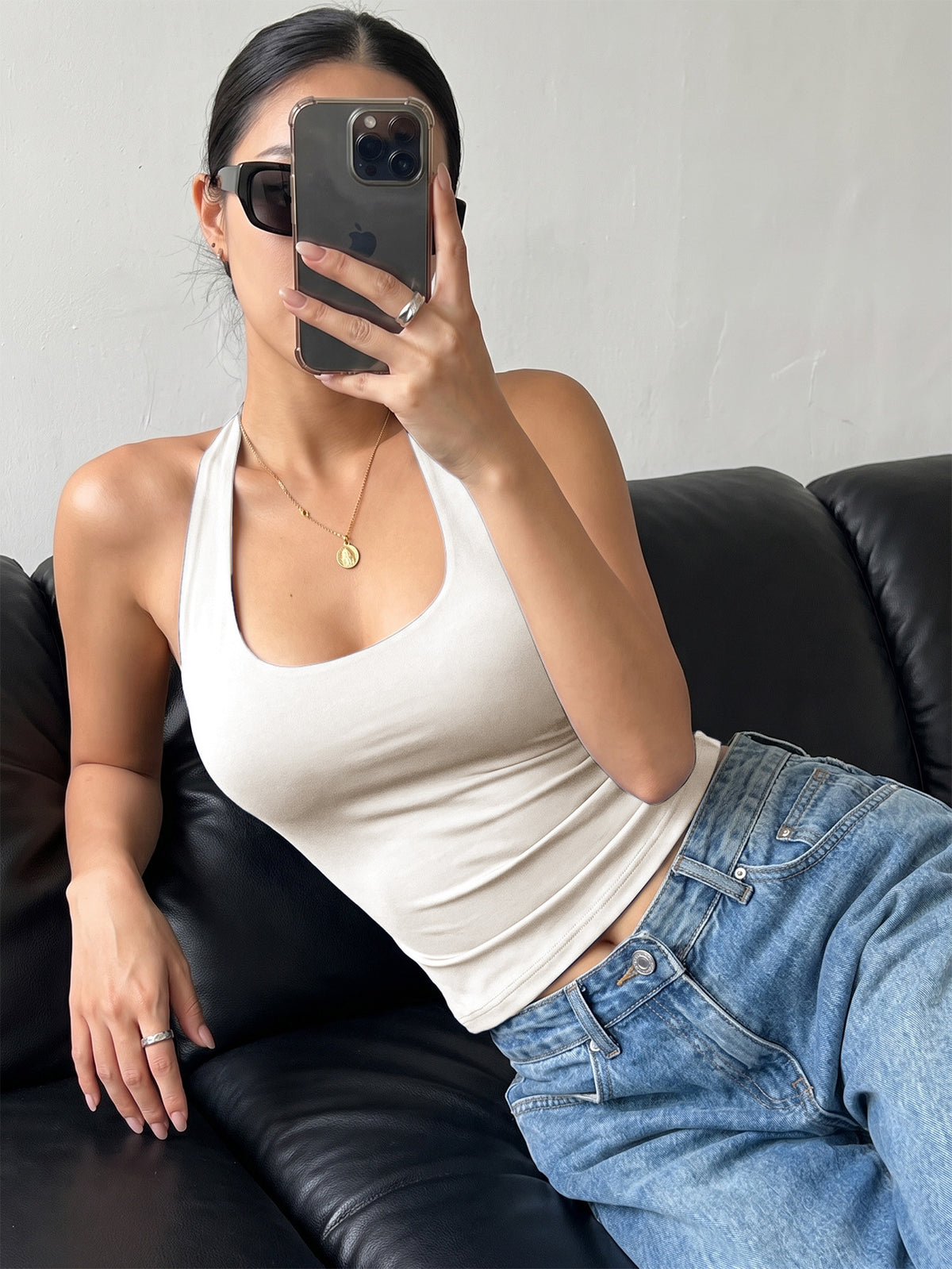 U-Neck Built-In Bra Tank Top - Ivory White