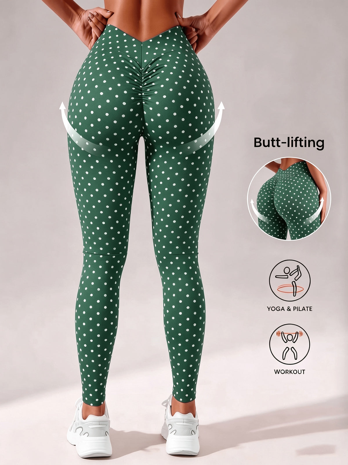 Polka Dot V Back Waist Leggings - White Spot On Green