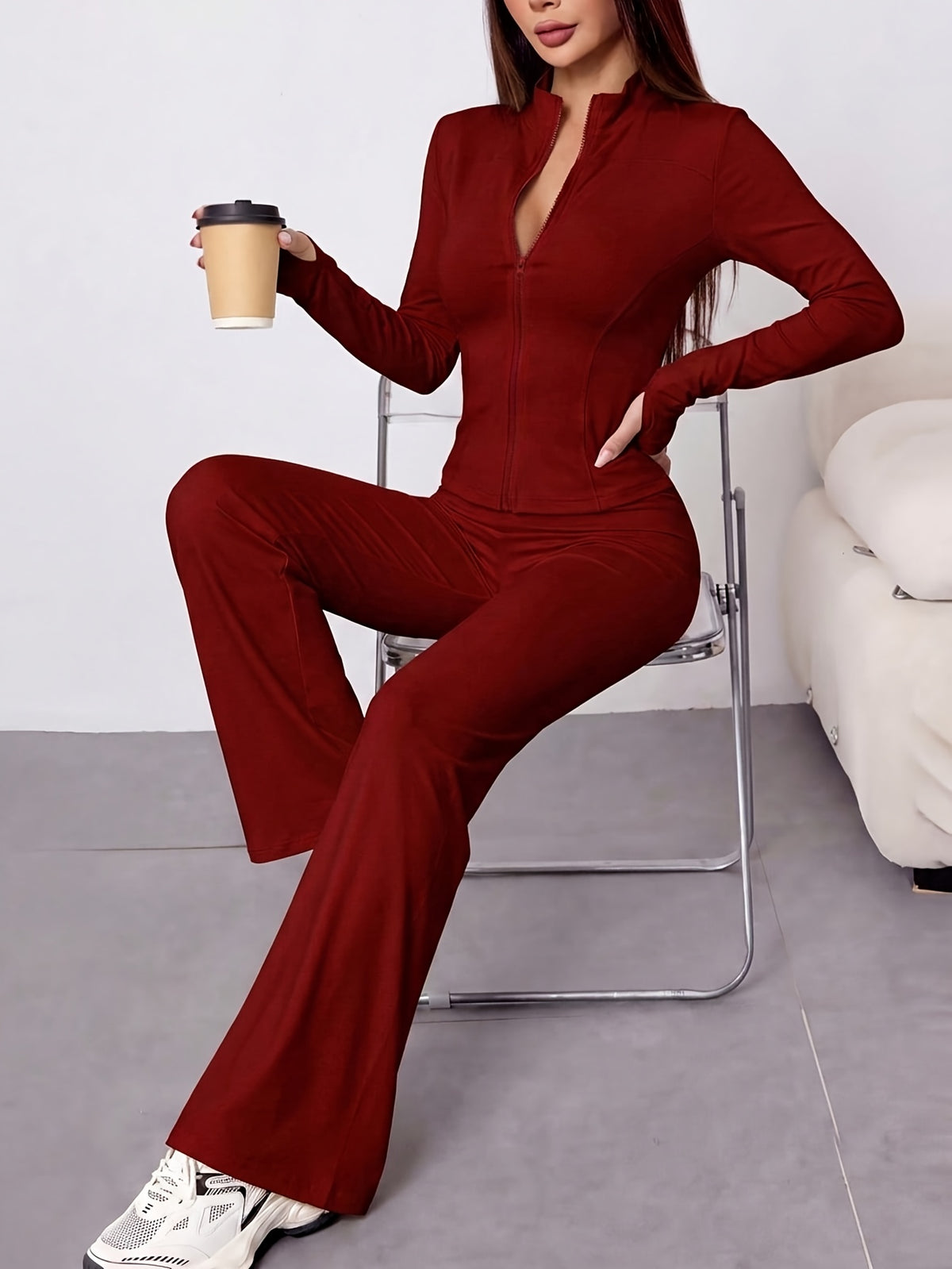 Waist Cinch Zip Jacket & Flare Pants Set - Burgundy