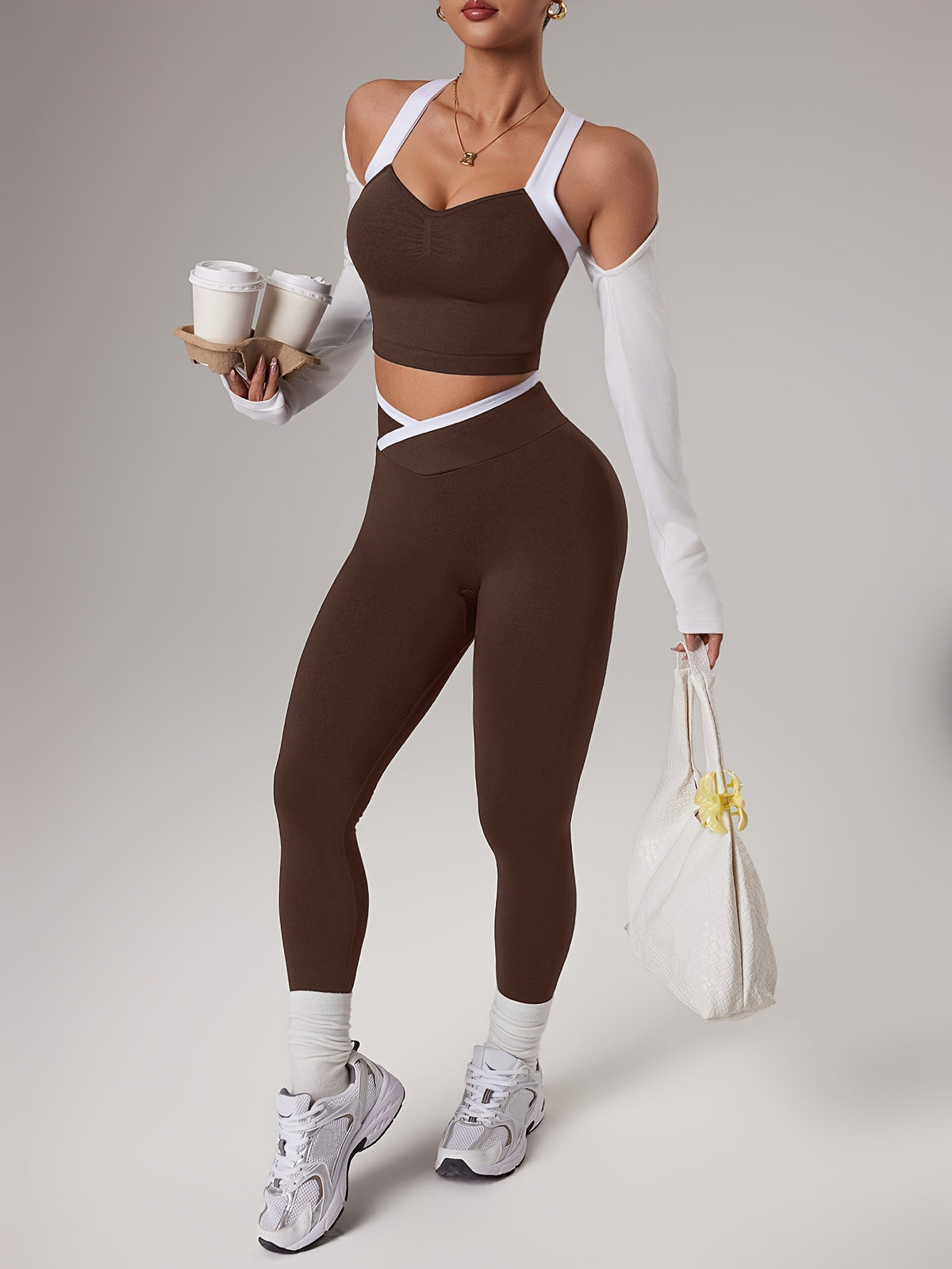 Cross Strap Bra & Leggings Set - Brown