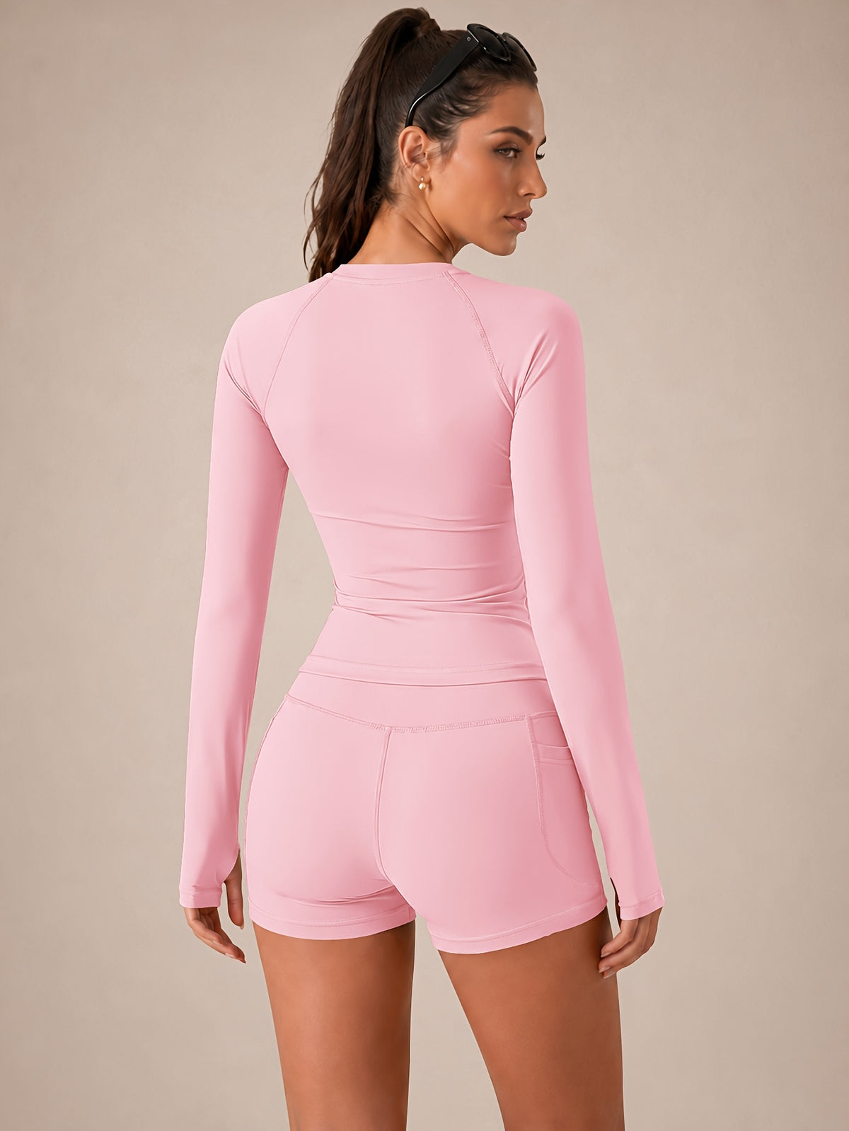 Raglan Thumbhole Top & Pocket Shorts Set - Pink