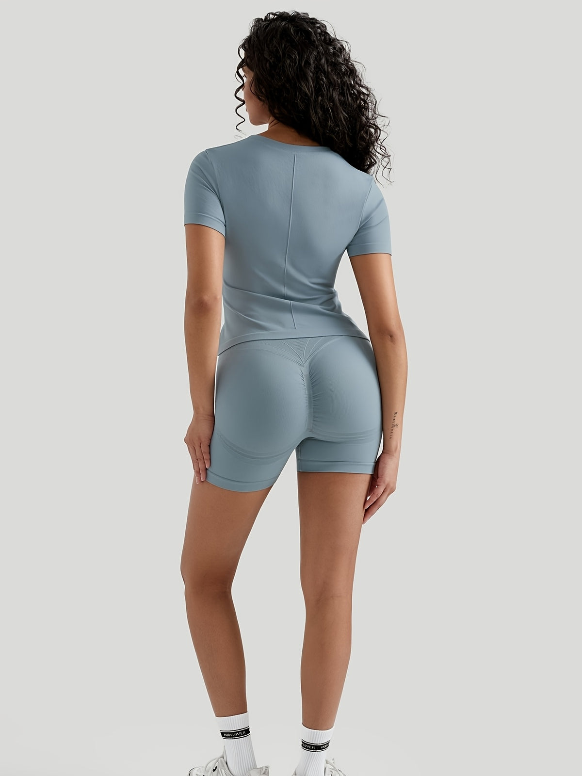 Short Sleeve Basic Top & Butt Lift Shorts Set - Powder Blue