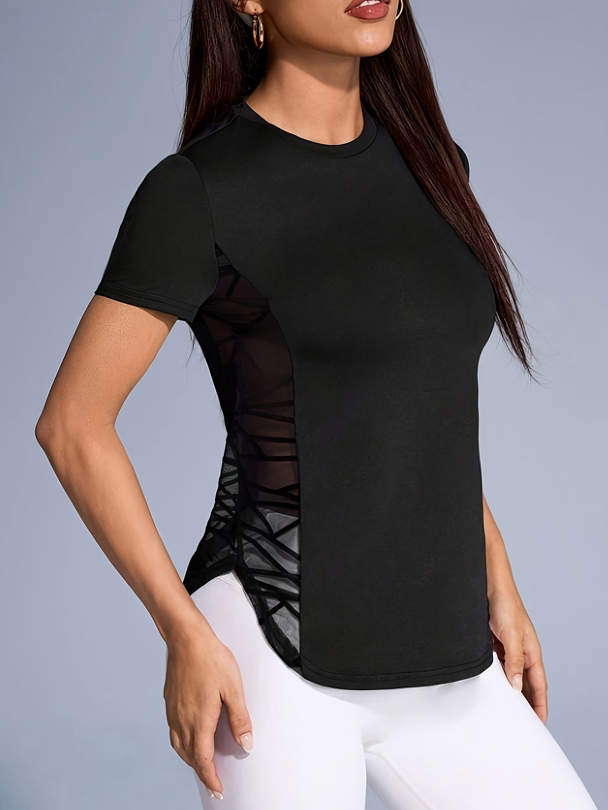 Side Mesh Panel Curved Hem Tee - Black