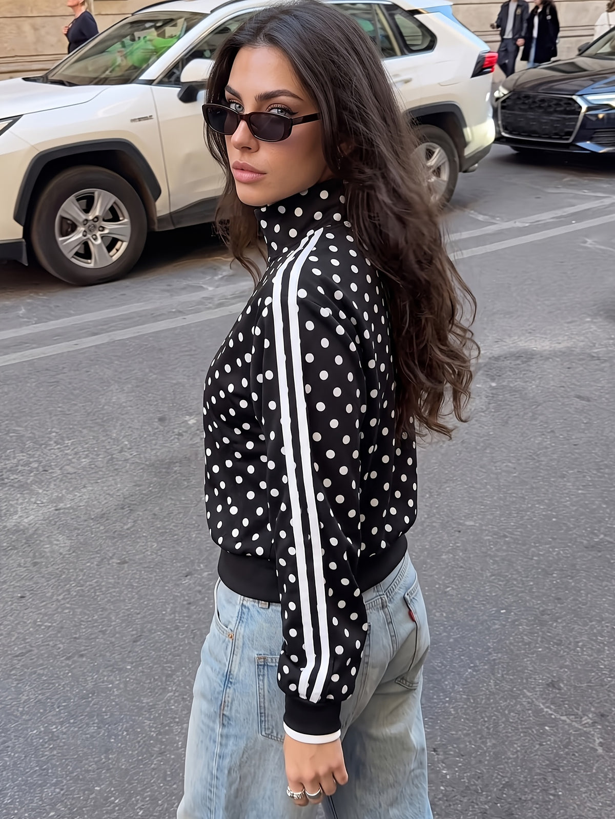 Polka Dot Stand Collar Zip Jacket - Black