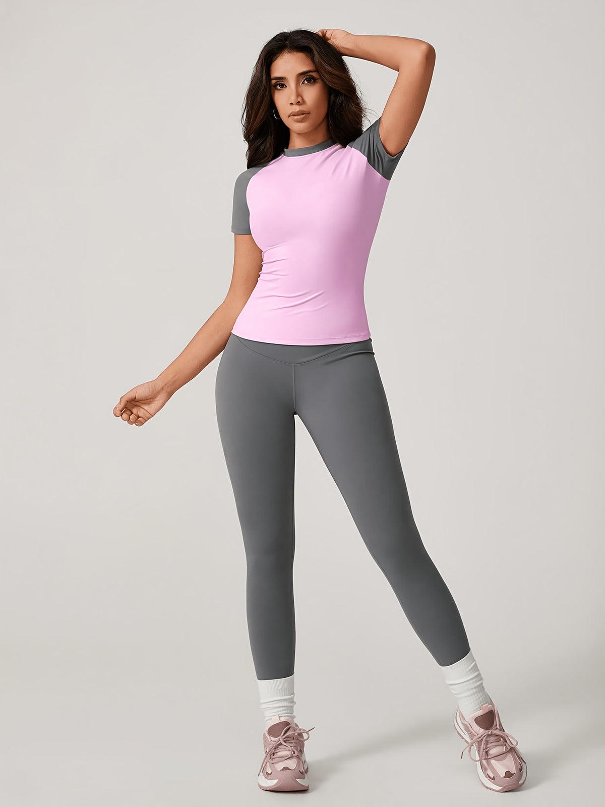 Colour Block Tee & Leggings Set - Pink & Grey