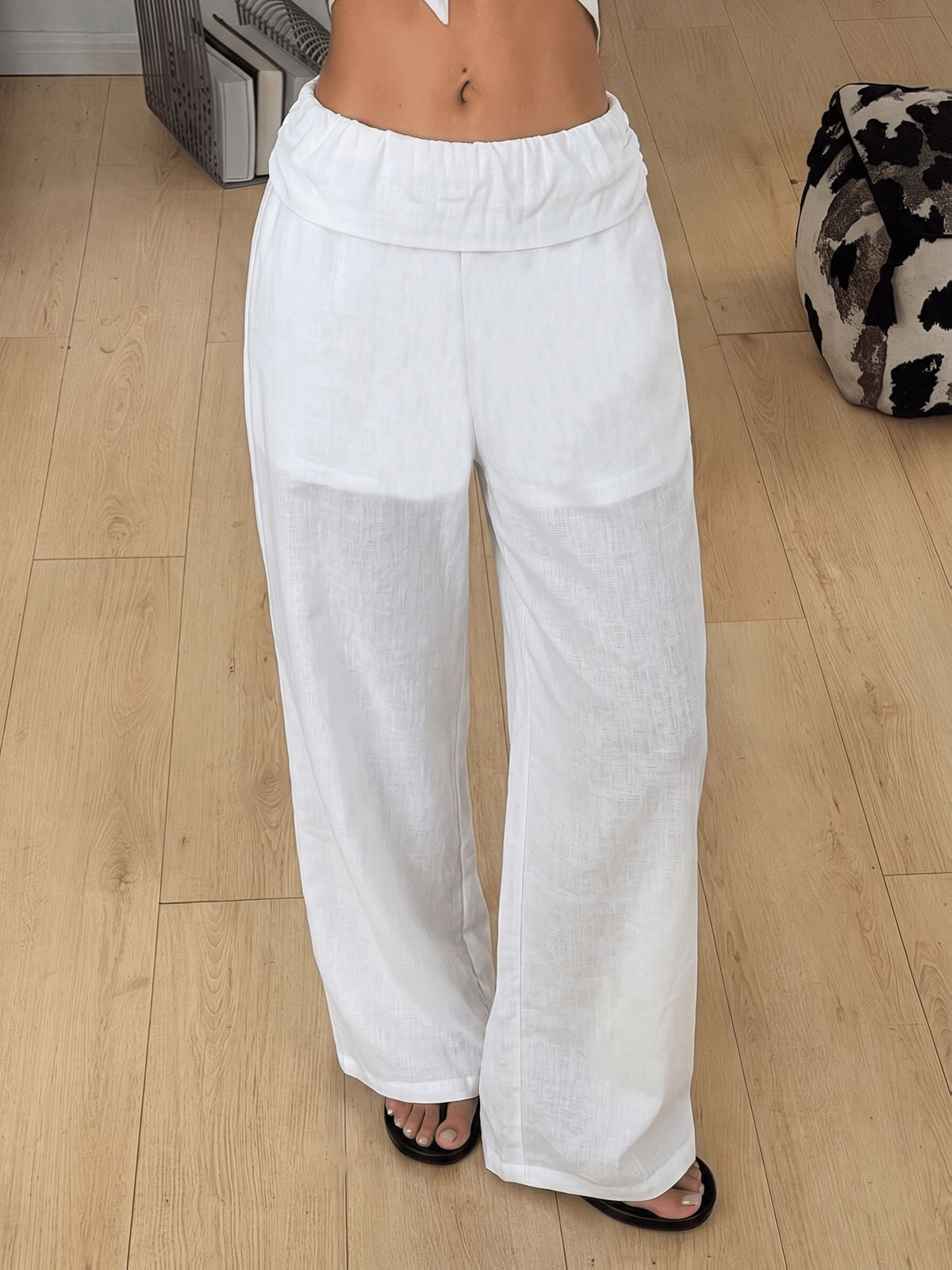 Fold Over Pleated Wide Leg Pants - White