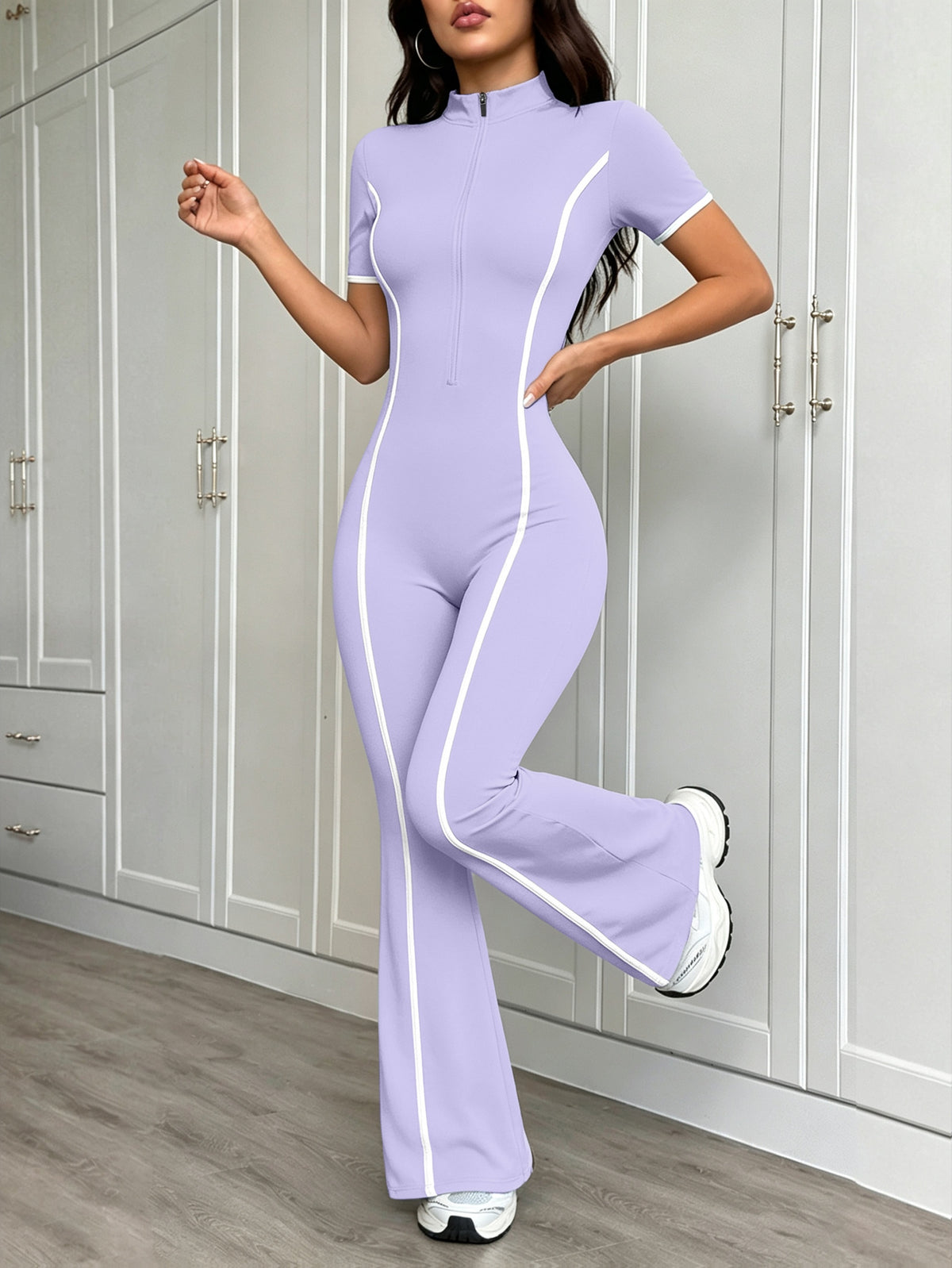 Zip Front Flare Jumpsuit - Lavender