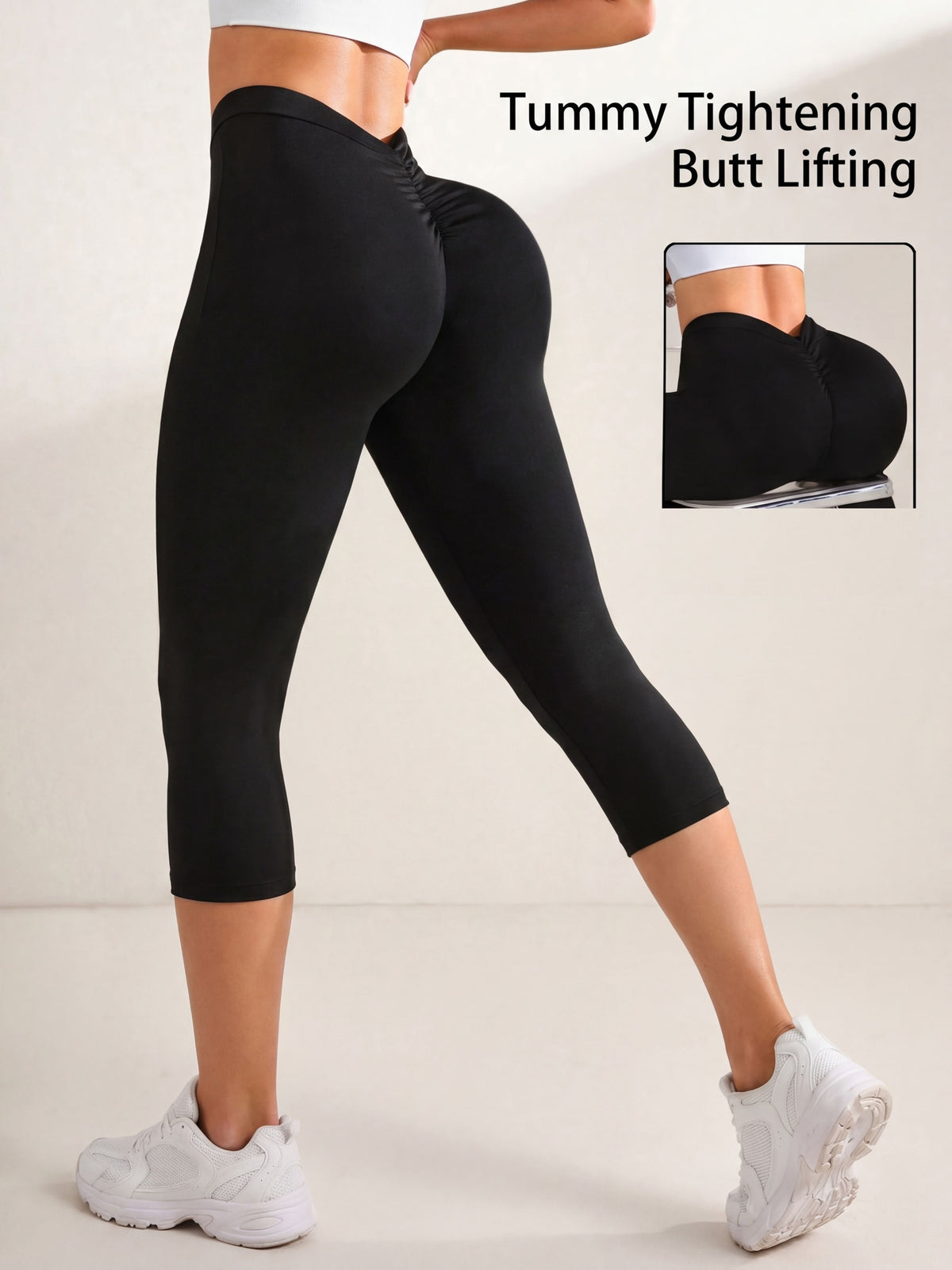 V Pleat Hip Lift Capri Leggings - Black