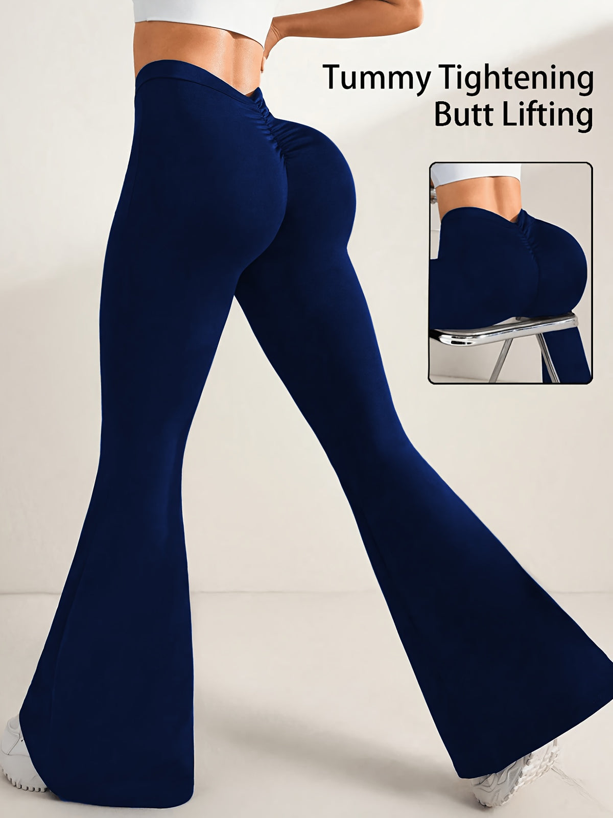V-Shaped Pleated Waist Flare Pants - Navy Blue