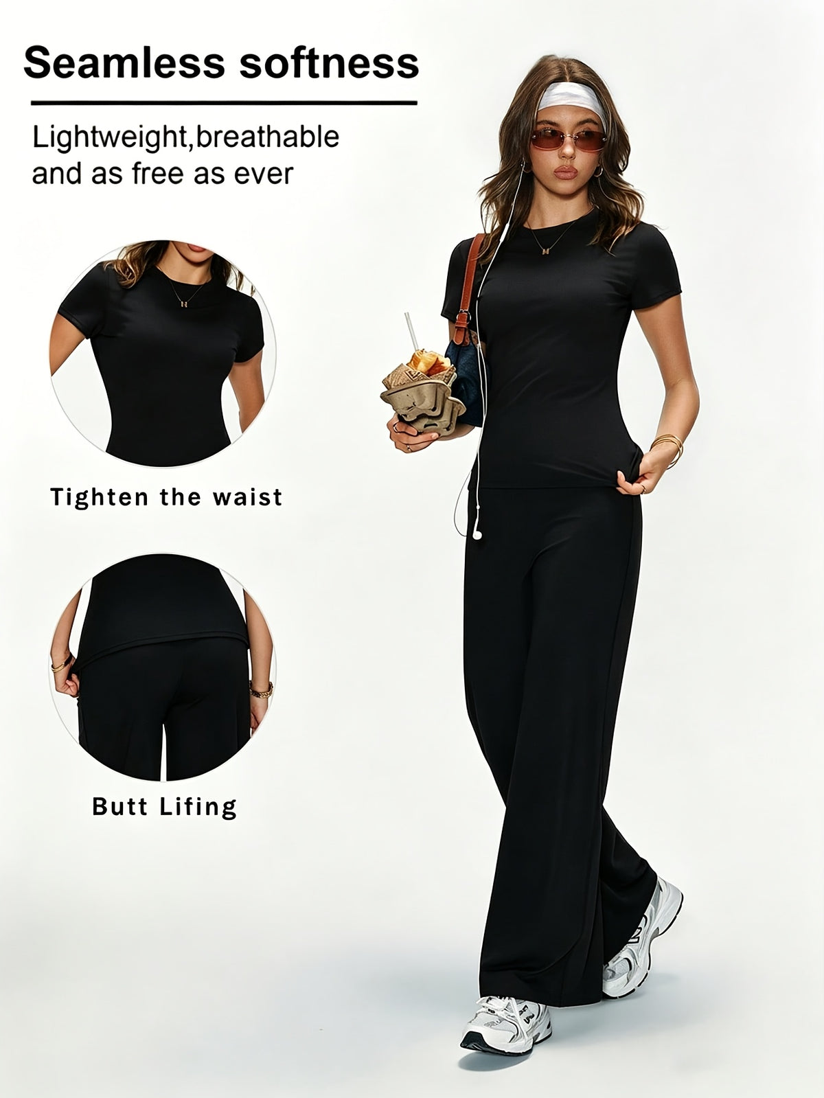 Tee & Wide Leg Pants Set - Black
