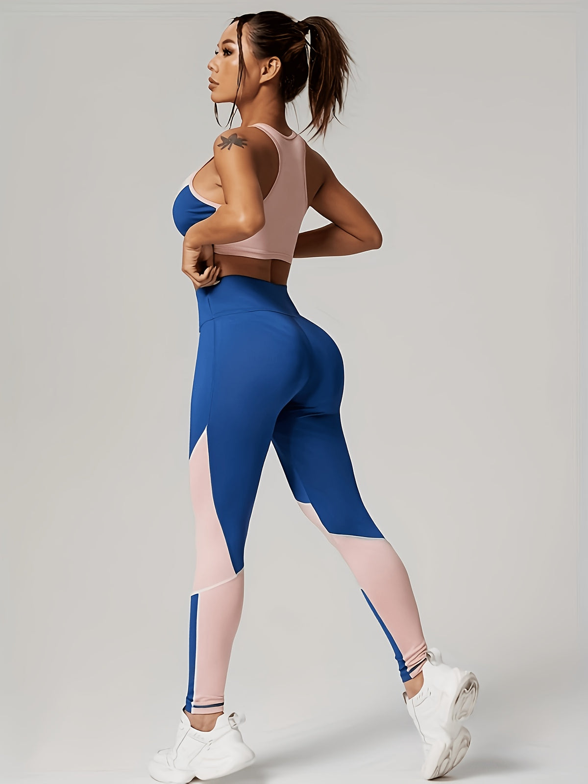Colour Block Zip Crop Tank & Leggings Set - Blue Pink