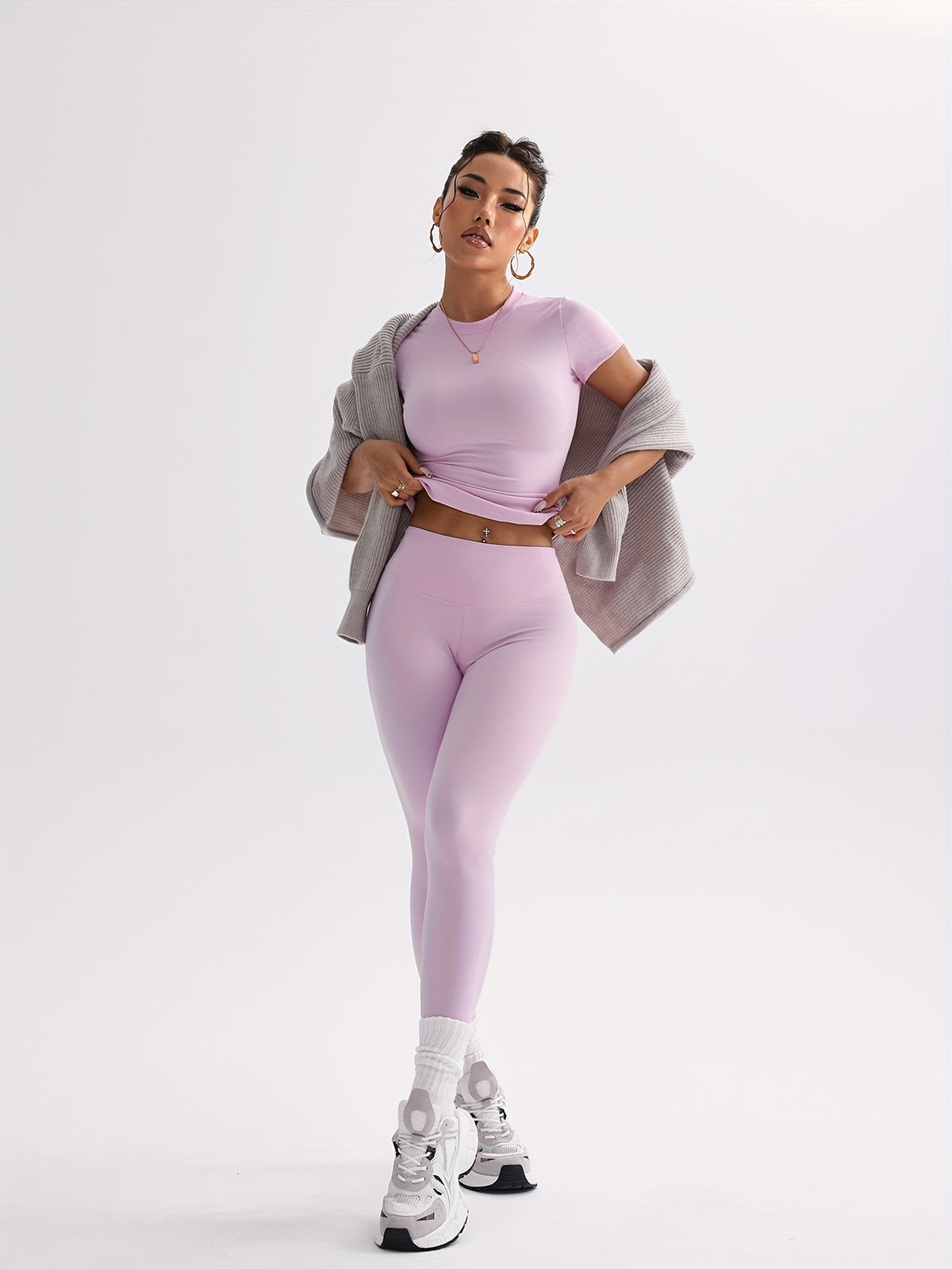 Cropped Tee & Leggings Set - Pink Red