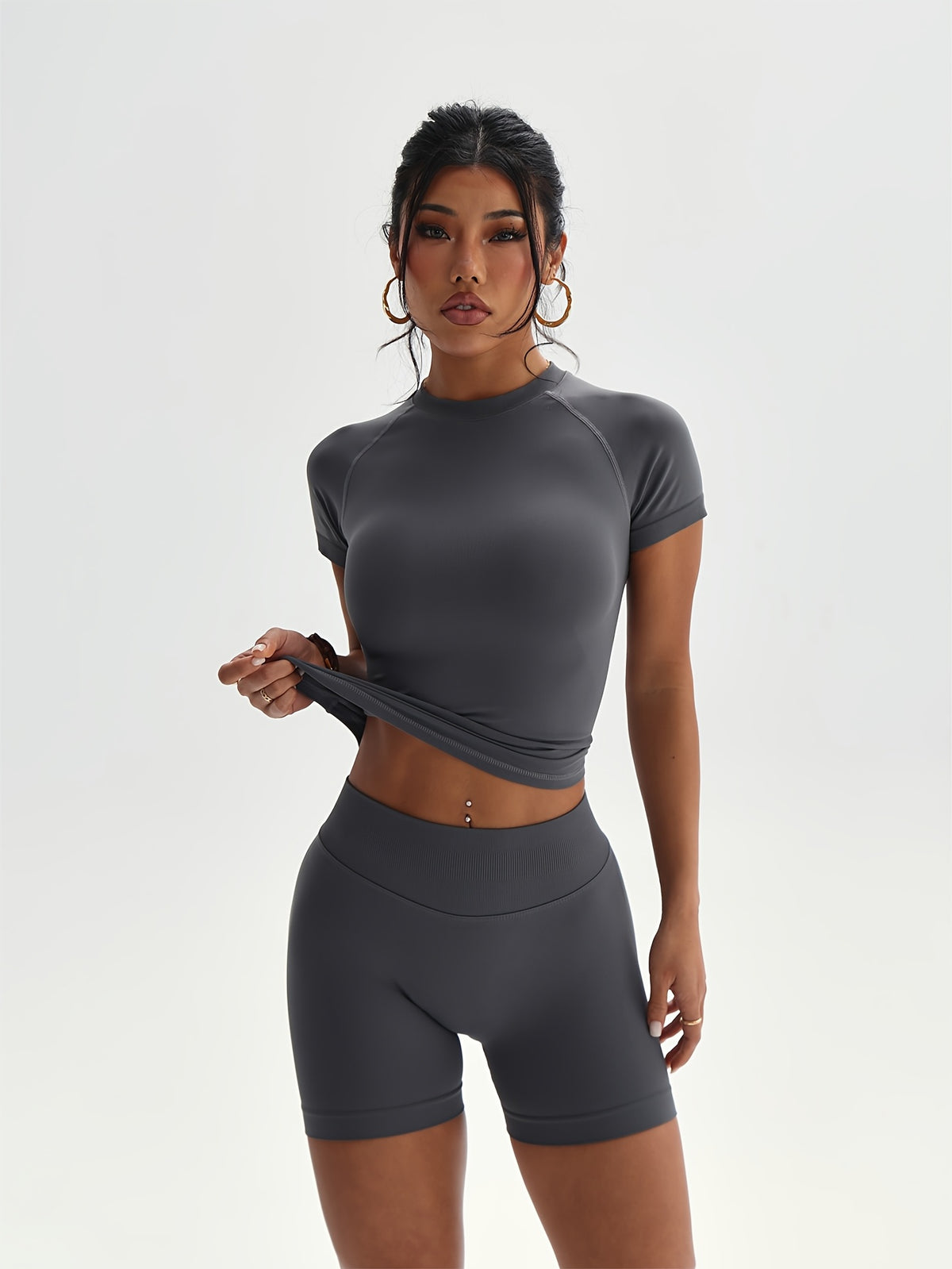 Fitted Short Sleeve Top & Shorts Set - Grey
