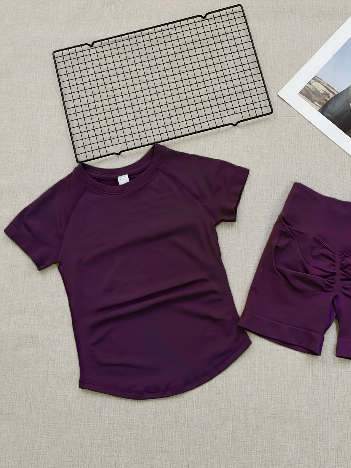Short Sleeve Tee & Butt Lift Shorts Set - Deep Purple