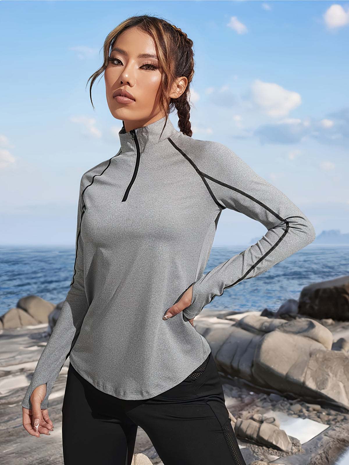 Half Zip Stand Collar Raglan Top - Grey