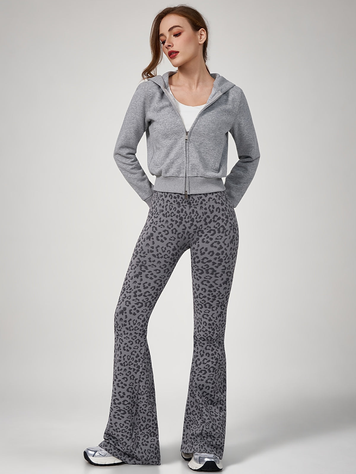 Leopard Print Flare Leggings - Grey