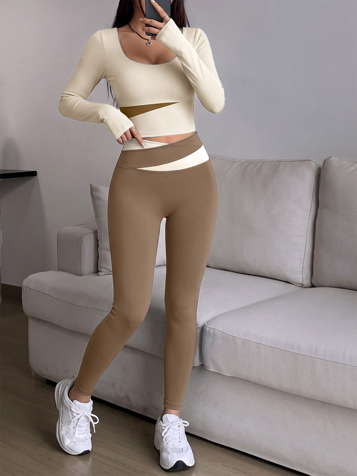 Spliced Finger Tab Crop Top & Pants Set - Ivory White & Cocoa