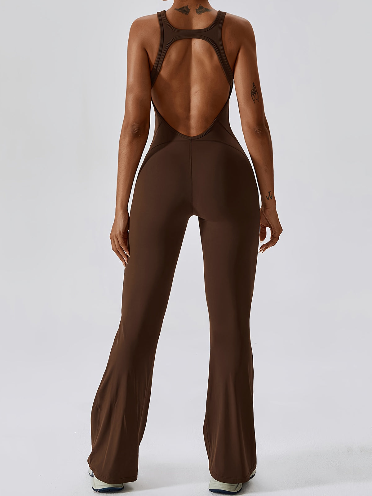 Open Back Padded Flare Jumpsuit - Coffee