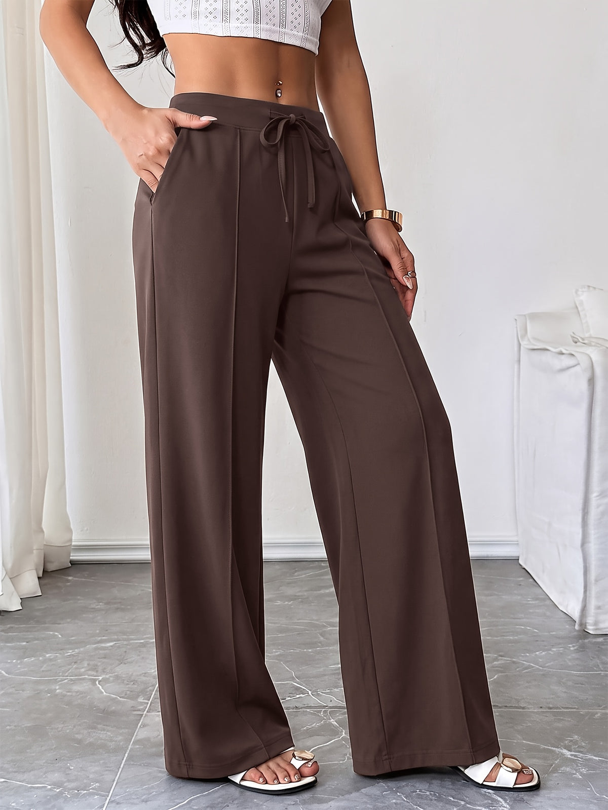 Drawstring Flowy Wide Leg Pants - Coffee