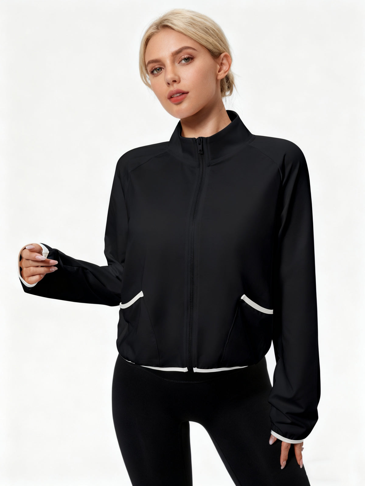 Contrast Trim Stand Collar Windbreaker - Black